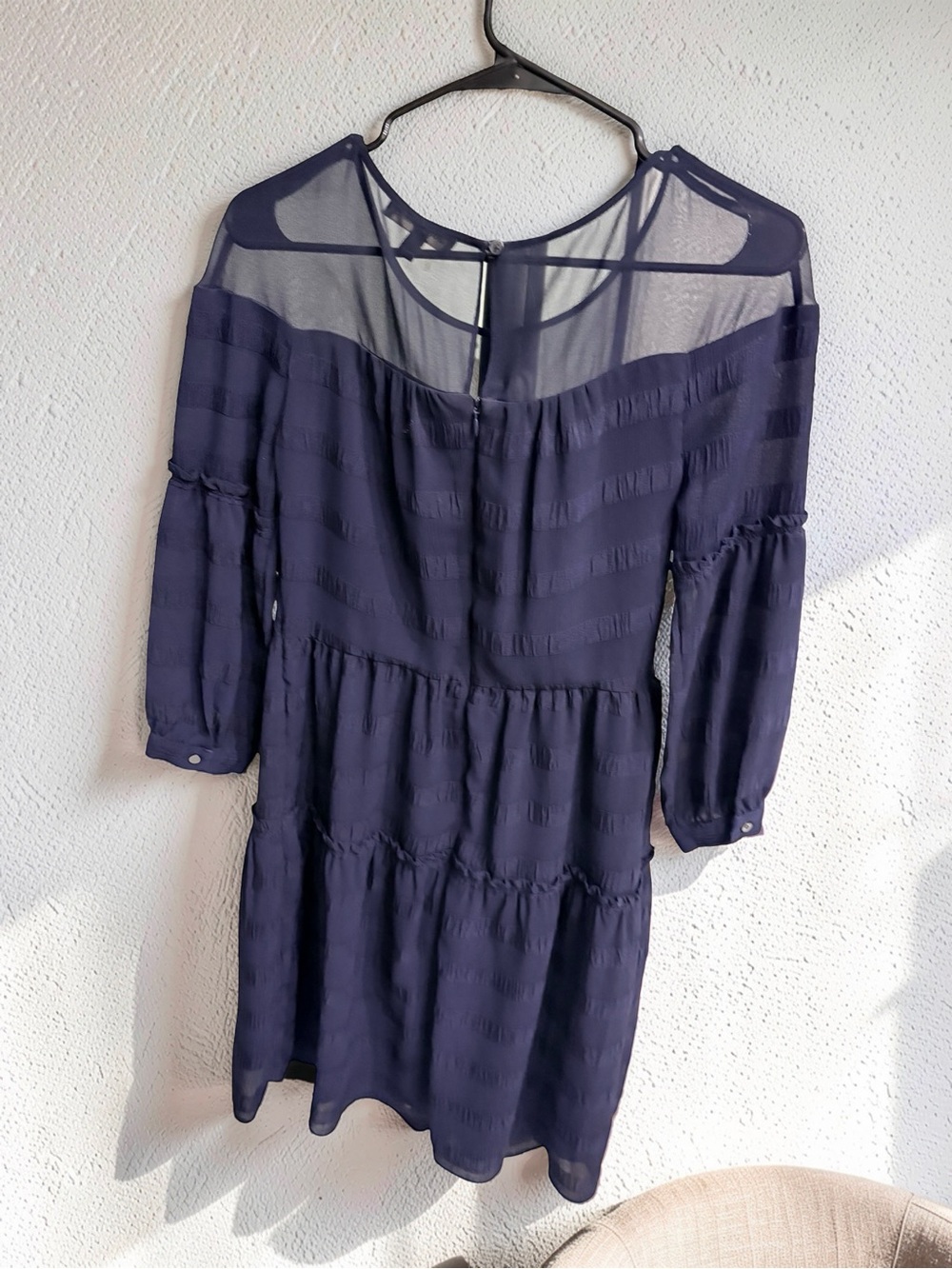 Banana Republic Navy Sheer-Yoke Tiered Long-Sleeve Dress
